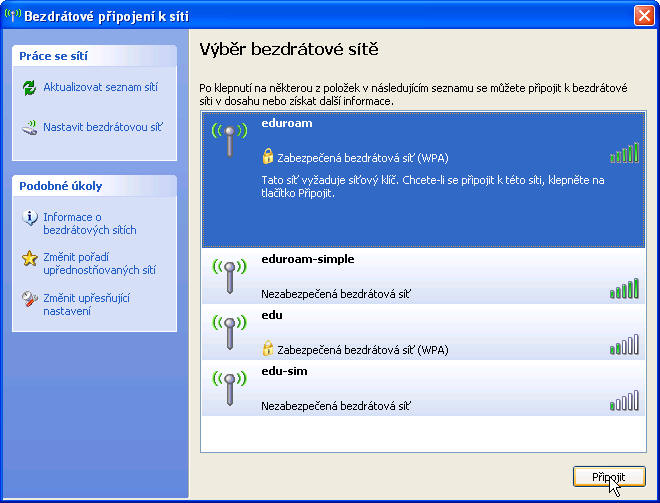 Nastavení MS Windows XP pro připojení do Wifi sítě eduroam Následující nastavení je ozkoušené s Windows XP v poslední verzích (servispack3).