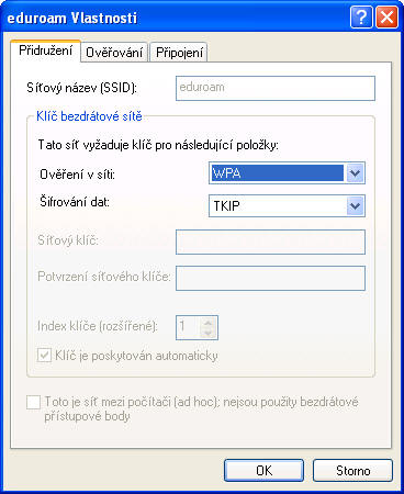 Vyberte ze seznamu sítí eduroam a stiskem tlačítka Vlastnosti provedeme úpravy konfigurace. Na kartě Přidružení zvolíme metodu šifrování dat.