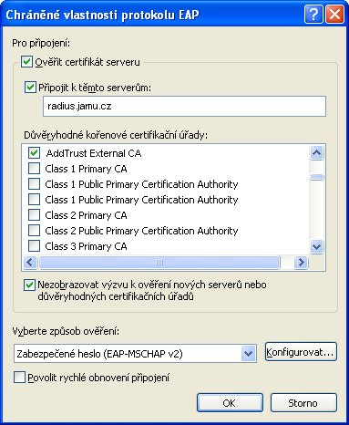 Přesuneme se na kartu Ověřování. Z typů protokolu zvolíme typ PEAP. Pokračujeme stiskem tlačítka Vlastnosti.