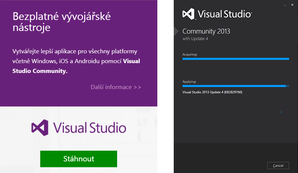 Windows 4.2 Windows Instalace byla provedena na operačním systému MS Windows 8.1. Testováno bylo v prostředí Qt 5.4.1. Testována byla verze ArcGIS Runtime SDK pro Qt 10.2.5. 4.2.1 Instalace Microsoft Visual Studio Nejdříve si musíme stáhnout a nainstalovat Mircosoft Visual Studio, jelikož pro sestavení ArcGIS Runtime SDK pro Qt je používán jeho kompilátor.