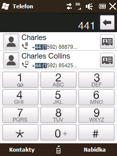 Kapitola 2 Kontakty a telefonní hovory 51 3. Klepnutím na položku zavřete klávesnici a zobrazte, zda bylo nalezeno více odpovídajících čísel nebo kontaktů.