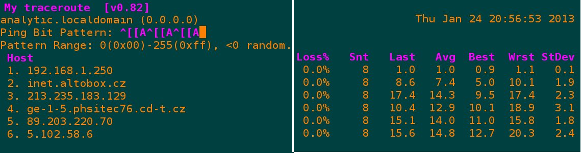 5. Kombinovaný příkaz mtr (My Traceroute) - příkaz kombinuje ping a traceroute : $ mtr 5.102.58.6: Obraz č.