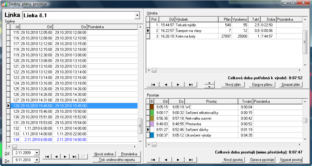 3. Směny, plány, prostoje Formulář je rozdělen na tři základní sekce 3.1. Výběr linky, seznam směn Listováním v seznamu směn se zobrazují výrobků a prostojů v dané směně a vybrané lince.