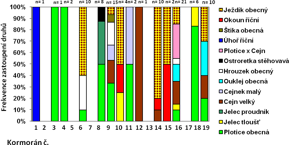 Obrázek 13. Druhové sloţení a mnoţství nalovených ryb 19 kormorány zastřelenými na Vltavě v Praze-Troji v zimním období 2007-08. n = počet nalovených ryb. Kormoráni č.