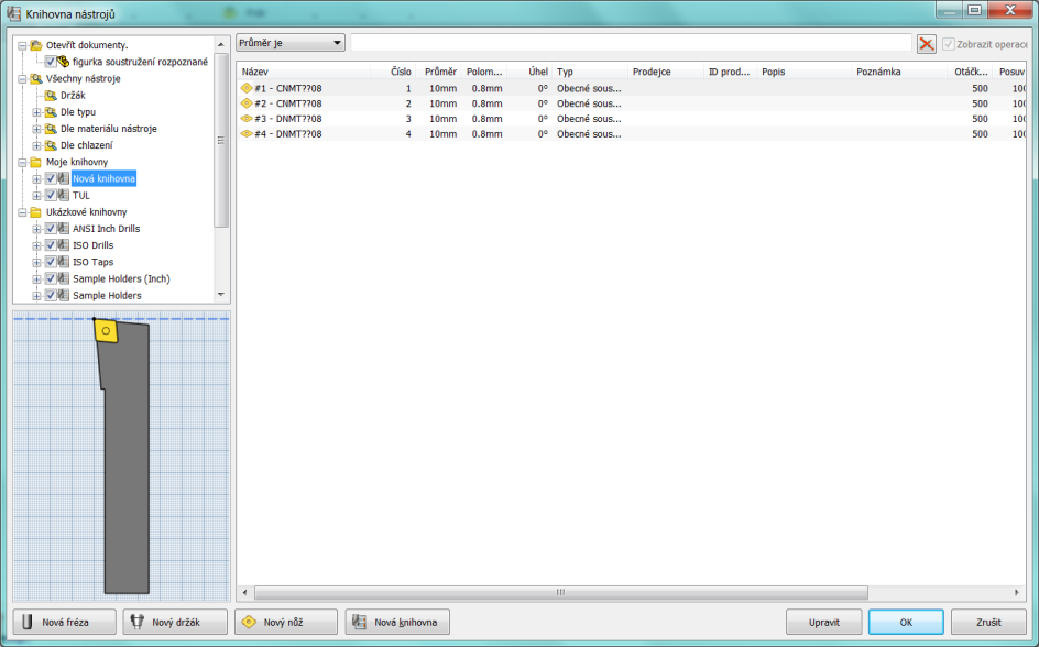 Knihovna nástrojů Založení nové knihovny nástrojů: Menu > CAM > Knihovna nástrojů