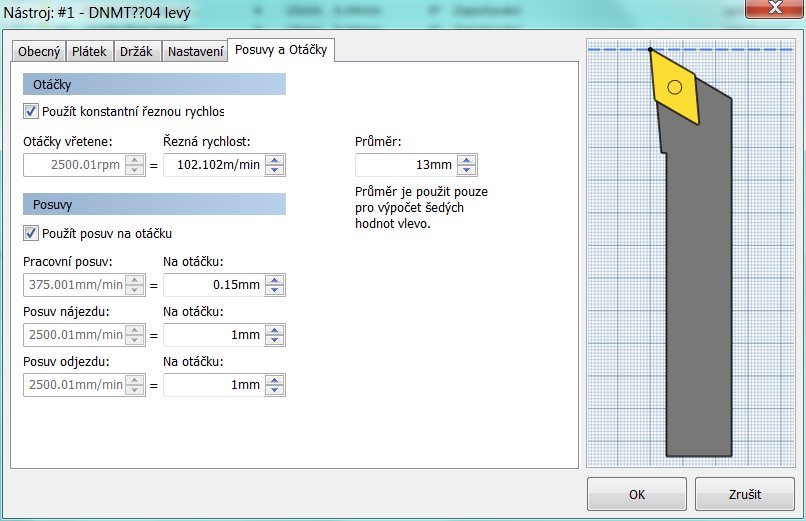 Knihovna nástrojů Vytvoření nového nástroje Záložka Posuvy a Otáčky Zde je možné volit mezi konstantní řeznou rychlostí, případně