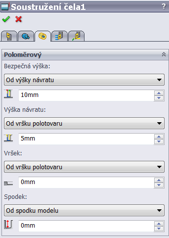 Soustružení - Zarovnání čela 1. 2. 3. 4. Záložka Poloměrový 1. Bezpečná výška hladina výměny nástroje 2.