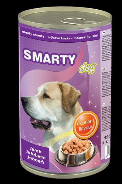 SMARTY DOG Kompletní konzervované krmivo pro psy K O M P L E T N Í K R M I V O P R O D O S P Ě L É P S Y K O U S K Y V E Š Ť Á V Ě Složení : maso a vedlejší výrobky živočišného původu (min.