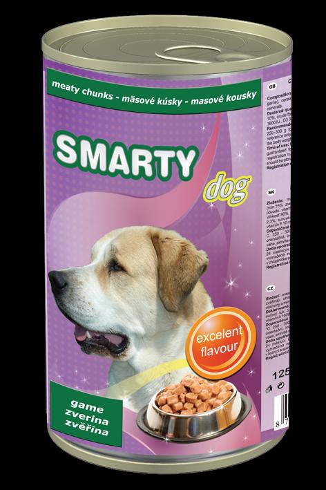 SMARTY DOG Kompletní konzervované krmivo pro psy K O M P L E T N Í K R M I V O P R O D O S P Ě L É P S Y K O U S K Y V E Š Ť Á V Ě Složení : maso a vedlejší výrobky živočišného původu (min.