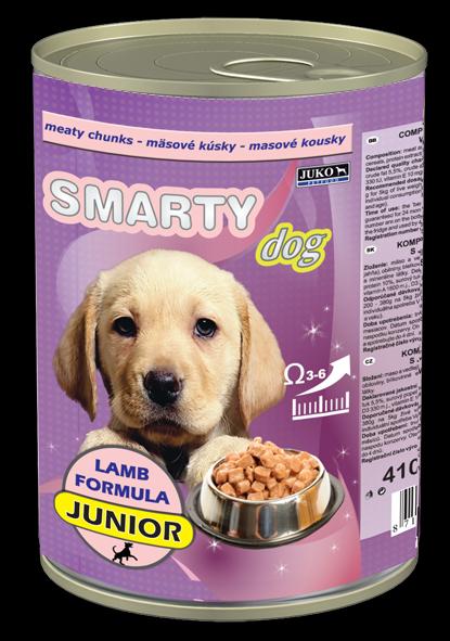 SMARTY DOG JUNIOR Kompletní konzervované krmivo pro psy K O M P L E T N Í K R M I V O P R O Š T Ě Ň A T A K O U S K Y V E Š Ť Á V Ě Složení : maso a vedlejší výrobky živočišného původu (min.