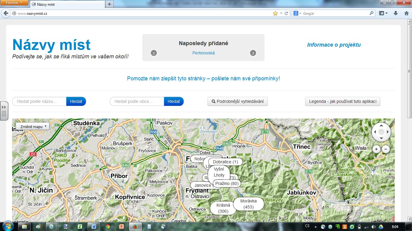 Obrázek 10 Snímek úvodní obrazovky on-line databáze Názvy míst (nazvymist.cz) 2.