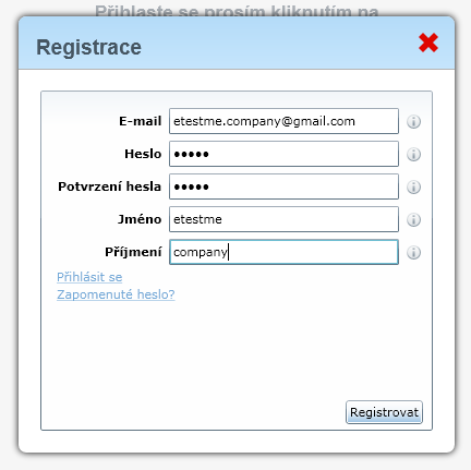 Pokud se jedná o vaše první přihlášení, je nutné samozřejmě nejprve provést registraci a vaše heslo založit. To provedete vyplněním následujícího dialogu.