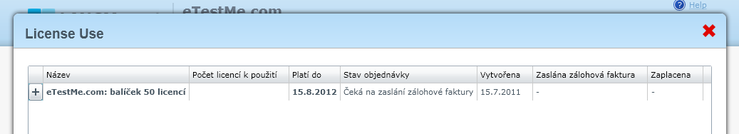Po úspěšném zakoupení licencí uvidíte aktuální počet zakoupených licencí.