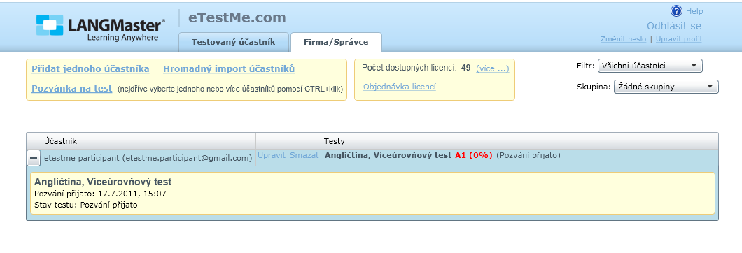 Po odeslání pozvánky vybraným účastníkům se u každého z nich objeví přehled odeslaných testů a stav testovacího procesu.