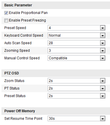 37 5.2 Konfigurace základních parametrů PTZ Účel: Můžete nakonfigurovat základní parametry PTZ, jako proporcionální posun, zmrazení předvolby, rychlost předvolby atd. 1.