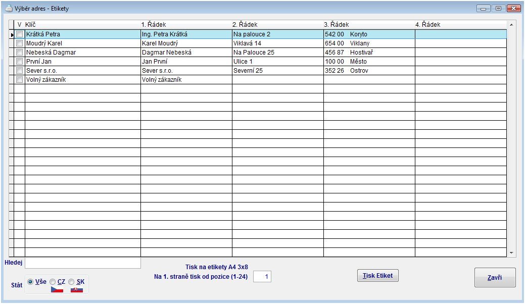 umožní tisk etiket s adresami pro zadané prodejce (k nalepení na balík dobírky).