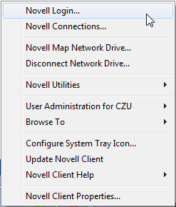 2) Dodatečné přihlášení do sítě Novell (z Windows) Jestliže jste se do stanice přihlásili pomocí Log on to this Computer a chcete pracovat v síti Novell, můžete se přihlásit kliknutím pravého