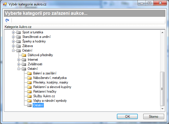 Výběr kategorie z Aukra Pro chystanou aukci dále vyberte kategorii, v níž bude předmět na aukru vystaven.
