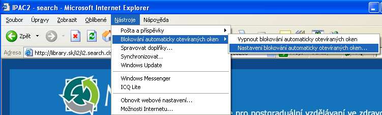 browser aktivované blokování popup oken.