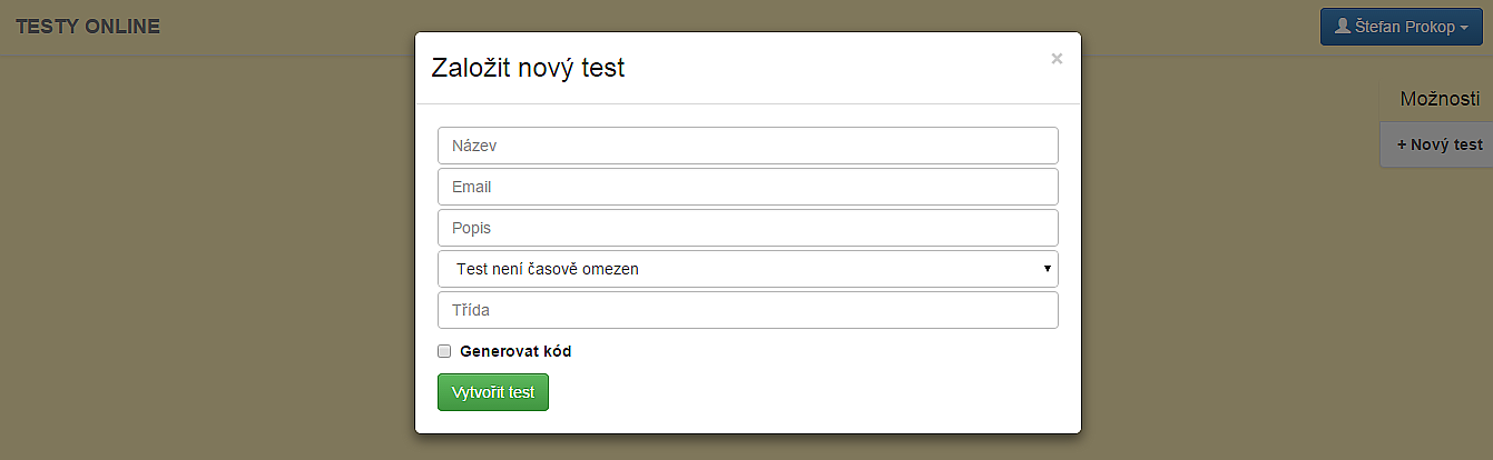 05. Menu Následně se uživatel dostává na stránku, kde musí nejprve vytvořit samotný test. Zadávají se kontaktní údaje a údaje, které slouží žákům. 2.1.5. Nová otázka 06.