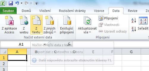 9. Otevřete MS Excel, vytvořte si Nový soubor v MS Excelu, do kterého budete stáhnutý CSV soubor importovat. Postupujte následovně: a) V horní liště menu zvolte Data > Z textu.