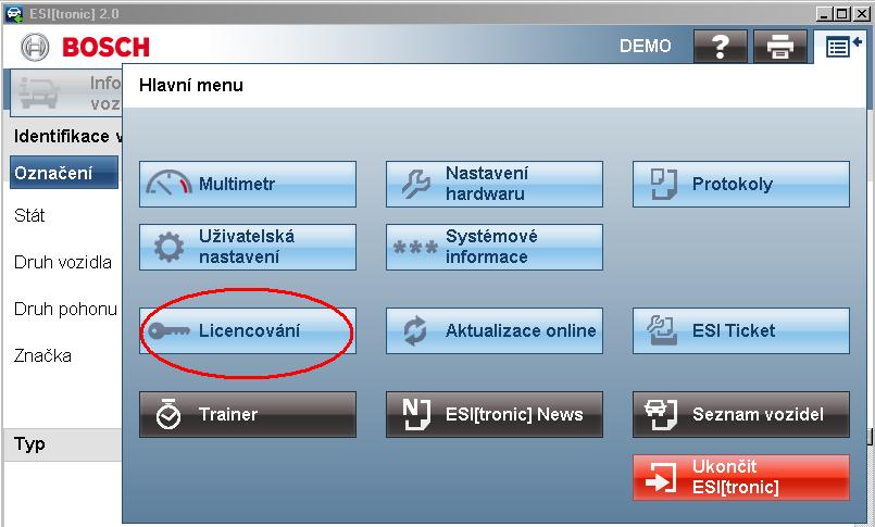 Licencování Jinak se Licencování nachází v Hlavním menu Vytvoření souboru pro licencování