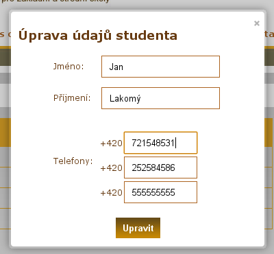 Úprava údajů studenta Změnte údaje, které chcete upravovat a klikněte na tlačítko upravit.