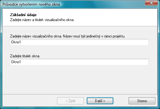 Vytvoření nového projektu Po dokončení Průvodce vytvořením nového vizualizačního projektu se spustí Průvodce vytvořením nového okna. Vizualizační okno obsahuje grafické prvky (tzv.