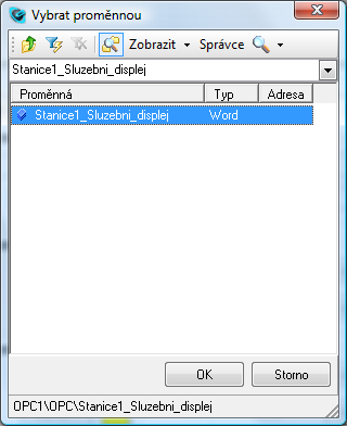 16 Přiřazení proměnné komponentě displej V dialogovém okně vyberte proměnnou naimportovanou z OPC
