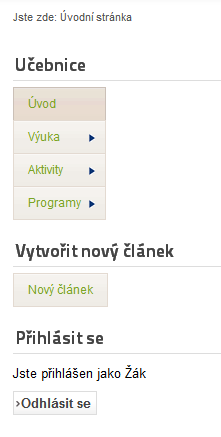 Obrázek 1: Menu umožňující žákovi tvorbu nového článku Dále je možné nový článek vytvořit v prostředí administrace systému. Pro správu článků zde existuje sekce Article Manager. 1.5.