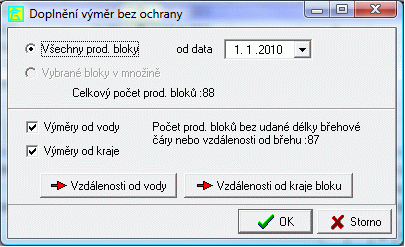 bloku jako čtverce. Výpočet lze provést pro jeden zvolený blok nebo hromadně pro více bloků. Číselník vzdáleností - kliknutím na tlačítko "Vzd.