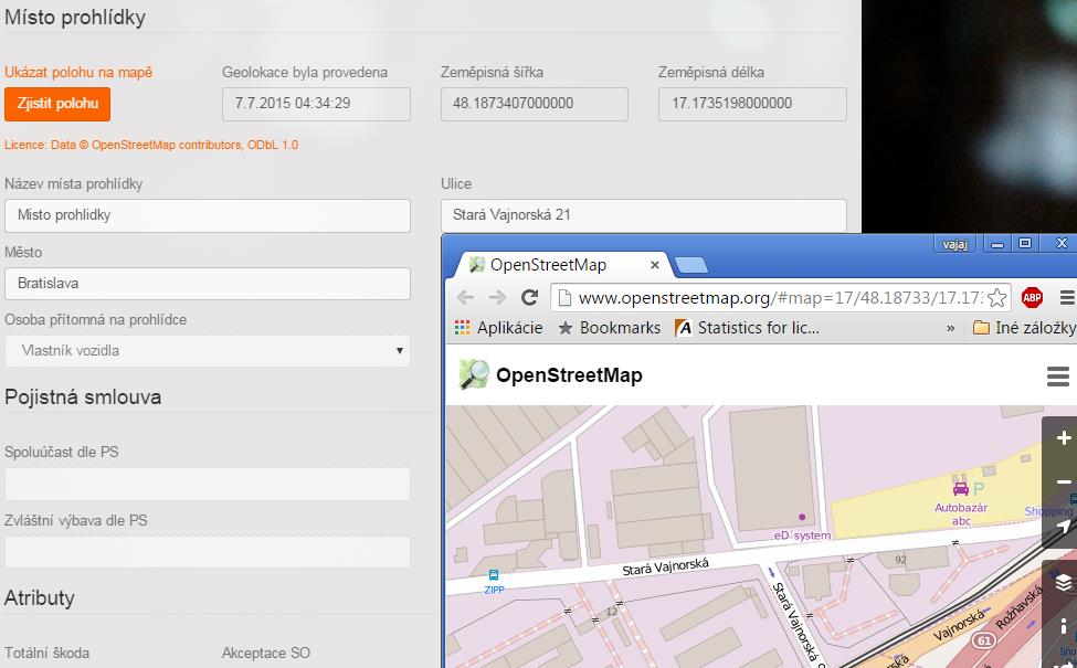 Zde můžete určit místo prohlídky GPS souřadnicemi s volbou zobrazení mapy: Karta Identifikace vozidla V této obrazovce je potřeba přesně identifikovat vozidlo, tzn.