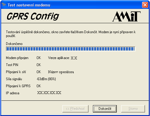 Obr. 6 Postup před ověřením konfigurace Po provedení všech kroků pokračujte stiskem tlačítka Další. Nyní program provede testování modemu. Tato akce trvá přibližně 60 sekund.