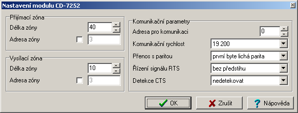 4.1.2. Nastavení modulu CD-7252 4. Obsluha modulů Obr.4.2 Nastavení modulu CD-7252 Význam a možnosti nastavení jednotlivých položek jsou následující: Přijímací zóna Délka zóny Adresa zóny - Délka datové části přijímací zóny v rozmezí 1 až 236 bytů.