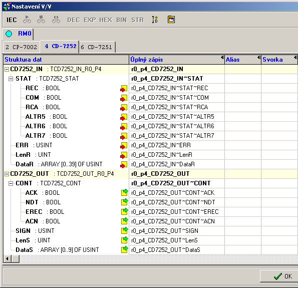 4. Obsluha modulů Obr.4.4 Data modulu CD-7252 Vstupní data CD7252_IN (struktura TCD7252_IN_Rx_Py): (x - číslo rámu, y - pozice v rámu) Stat - status vysílání a příjmu (typ 8-krát bool) ALTR X X RCA