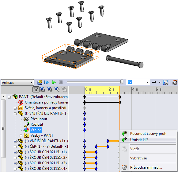 Změna stylu zobrazení součásti je v animaci možná přes položku Vzhled u příslušného dílu. Opět pomocí klíčových snímků měníme například viditelnost součásti, styl jejího zobrazení, vzhled apod.