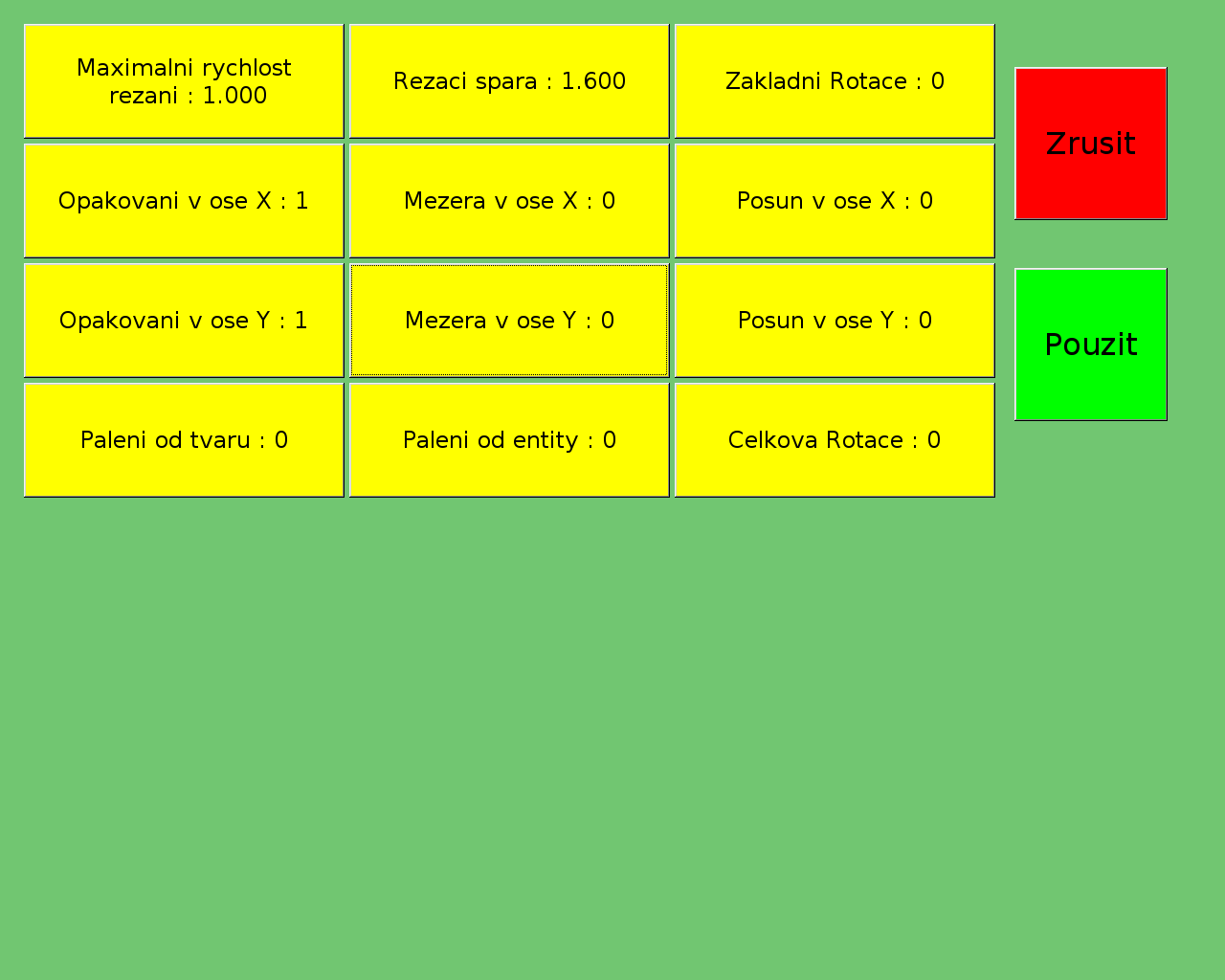 Výběr plánu Po stisknutí volby Výběr plánu se zobrazí následující menu Maximalni rychlost rezani Nastaveni maximální řezací rychlosti (m / min ) Rezaci spara Nastavení šířky řezné spáry ( v