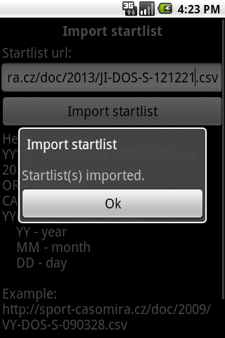 3.1. IMPORT STARTOVKY ZE SPORT-CASOMIRA.CZ (a) Importovat startovku ze zadané adresy (b) Stahování souboru (c) Potvrzení uložení startovky(startovek) Obrázek 3.2: Import ze sport-casomira.