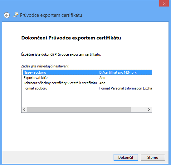 6.6. Stiskem tlačítka Dokončit se certifikát uloží na zadané úložiště a je možné jej použít. 6.7.