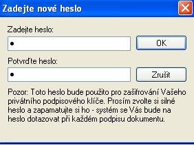 2) Generování klíče do databáze U tohoto způsobu generování pouze vyplníte své nové heslo a potvrdíte jej tlačítkem OK.