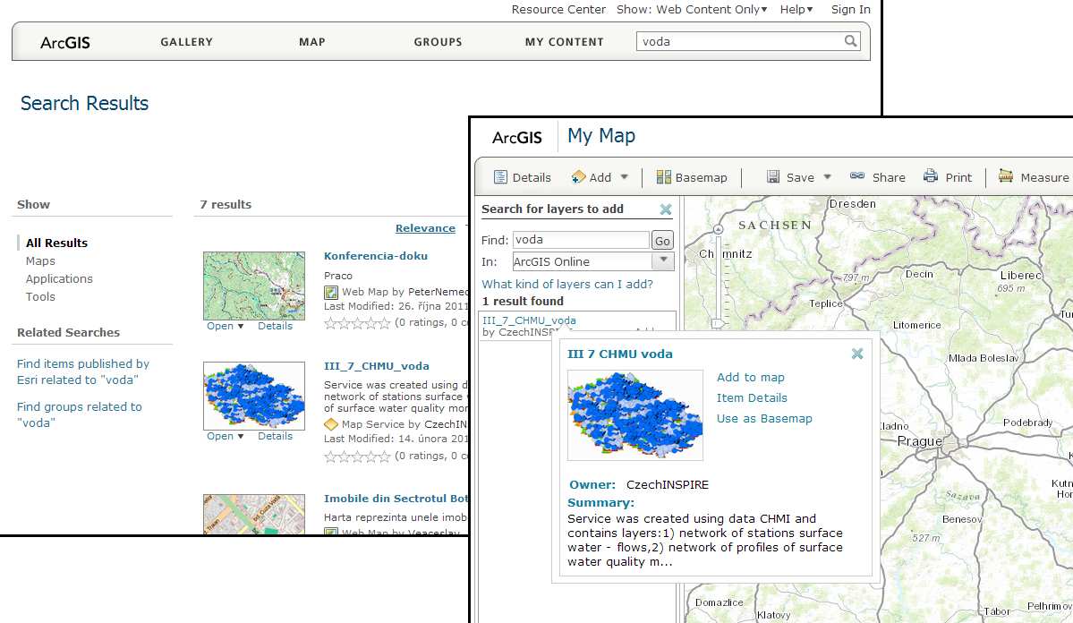 Publikované mapy a služby lze vyhledávat, jak na hlavní stránce http://www.argisonline.com/, tak v interaktivní mapové prohlížečce.