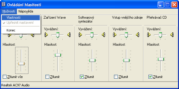 Nastavení programu Ovládání hlasitosti ve Windows Je třeba spustit program pro ovládání hlasitosti, nejrychleji kliknutím na obrázek reproduktoru v systémové liště