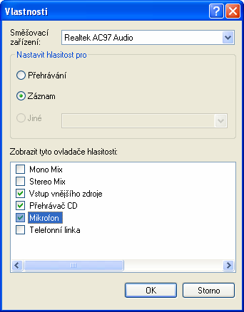 Nyní se musíte přepnout do režimu nastavení hlasitosti pro nahrávání zvuku: Menu [Možnosti] -> položka [Vlastnosti] V sekci