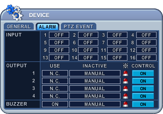 Pro uložení hodnot a opuštění menu stiskněte tlačítko [MENU]. Pro opuštění menu bez uložení změn stiskněte tlačítko [CANCEL]. ALARM DVR podporuje 4/8/16 Alarmových vstupů a 4 relé výstupy.