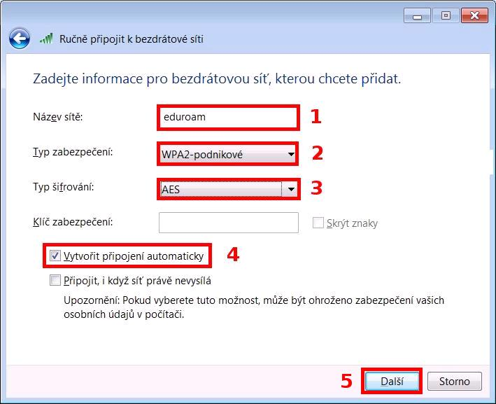9. Zobrazí se nám okno, do kterého vepíšeme název sítě Eduroam, zvolíme typ zabezpečení WPA2-podnikové, typ šifrování AES a zaklikneme Vytvořit připojení
