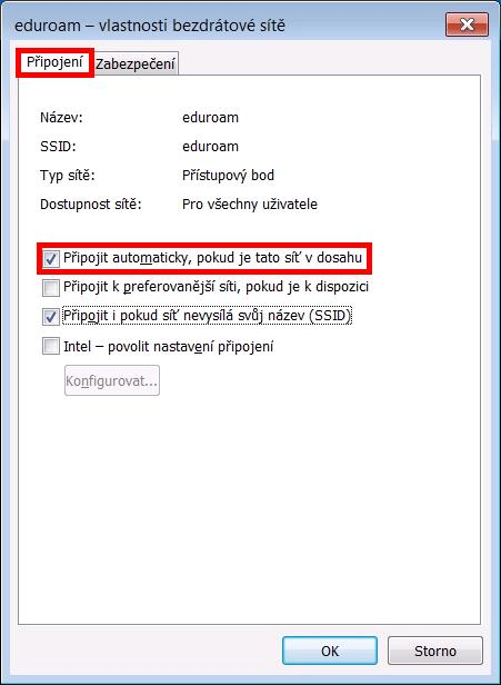 10. Nová bezdrátová síť Eduroam byla úspěšně přidána nyní je nutné ji dokonfigurovat. Aby bylo možné se do sítě úspěšně přihlásit, zvolíme Změnit nastavení připojení. 11.