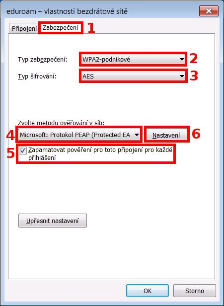 12. Přepneme se na kartu Zabezpečení, zkontrolujeme, že je vybrán typ zabezpečení WPA2-podnikové a typ šifrování AES (mělo by být správně nastaveno z kroku 9).