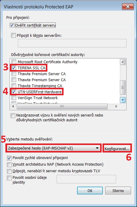 13. Na kartě Vlastnosti protokolu Protected EAP vybereme Ověřit certifikátem serveru a v seznamu důvěryhodných kořenových certifikačních autorit vybereme 3 autority AddTrust External CA Root, TERENA