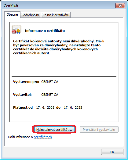 Instalace certifikátu 1. Dříve, než se nakonfiguruje bezdrátová síť, je nutné nainstalovat certifikáty, které je možné stáhnout ze stránek univerzity na adrese https://dokumenty.upce.