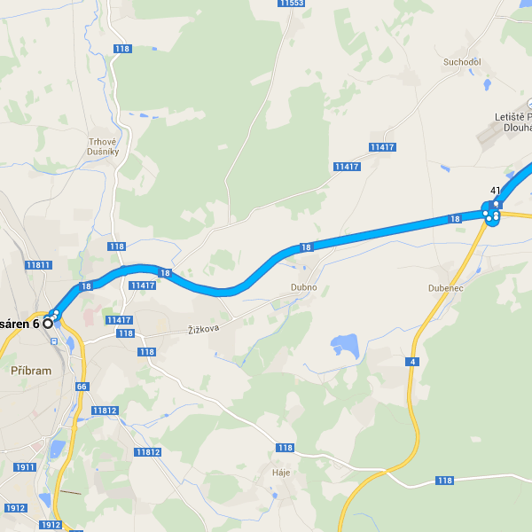 19. Z kruhového objezdu vyjeďte 3. výjezdem na Československé armády 20. Odbočte doprava na U Kasáren 130 m 65 m 78,6 km / 1 h U Kasáren 6 261 01 Příbram V Dubenec najeďte z silnici 18 na R4.